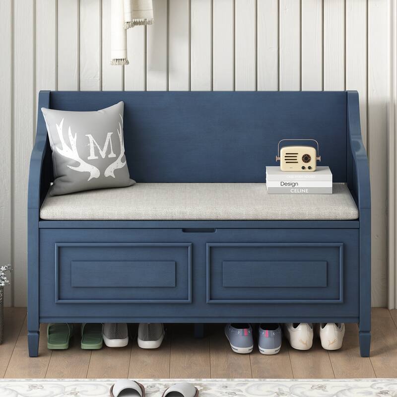 Rustic Style Solid wood Entryway Multifunctional Storage Bench with Safety Hinge - Blue