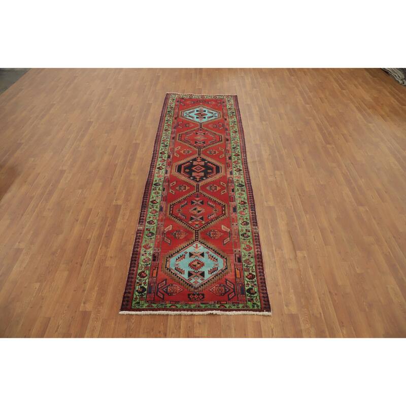 Hand Knotted Oriental 100% Wool Carpet Traditional Geometric Oranges & Rust Ardebil Runner Rug - 10' 7'' X 3' 3''