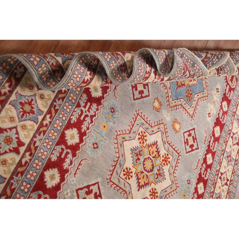 Kazak Area Rug Hand-Knotted Geometric Grey Wool Carpet - 6'9" x 9'8"