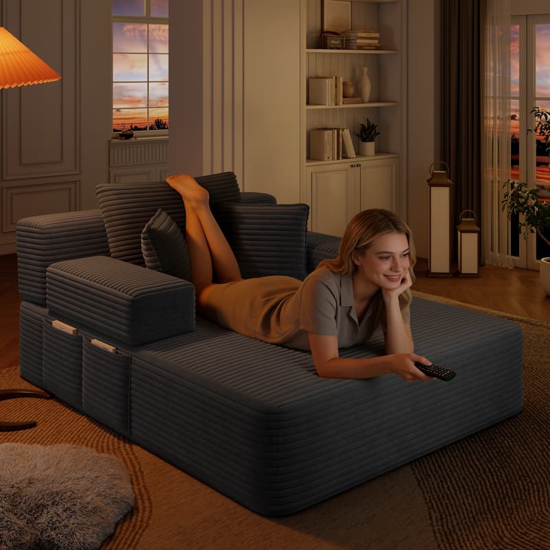 Luxurious Plush Corduroy Chaise Lounge Convertible Sofa Bed with Storage Pocket and Wide Armrests
