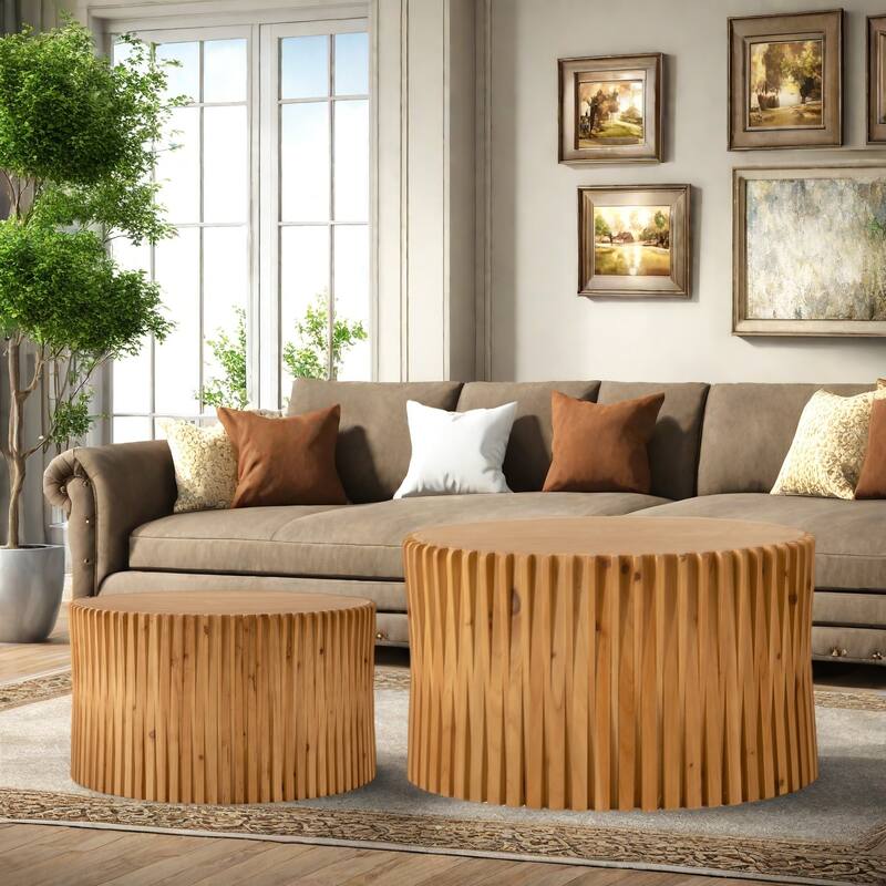 31.5" Solid Wood Coffee Table Set with Nesting Design, 3D Relief Texture - Natural