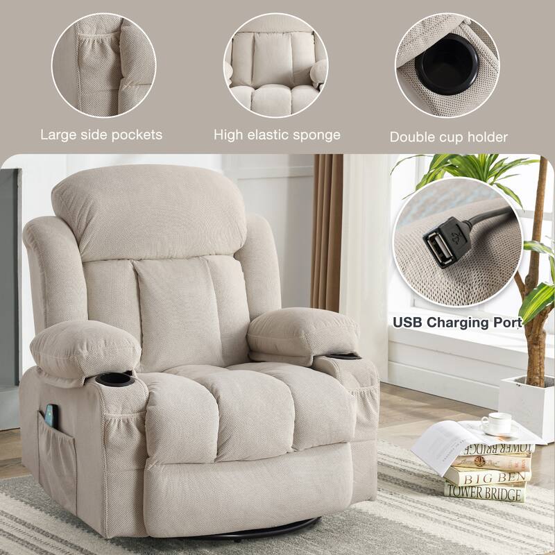Swinging Recliner Massage Heated Sofa with USB, Cup Holders, Side Pockets, Eight Acupoint Massage