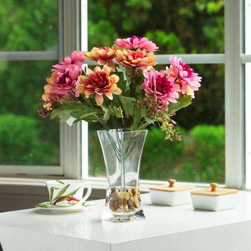 Mixed Artificial Daisy Floral Arrangements in Vase with River Stone, Table Centerpieces for Dining Room