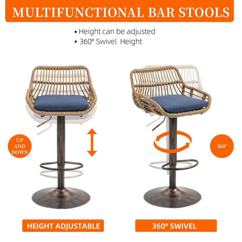 Plastic Rattan Linen Swivel Adjustable Height Bar Stools With Footrest(set of 2)