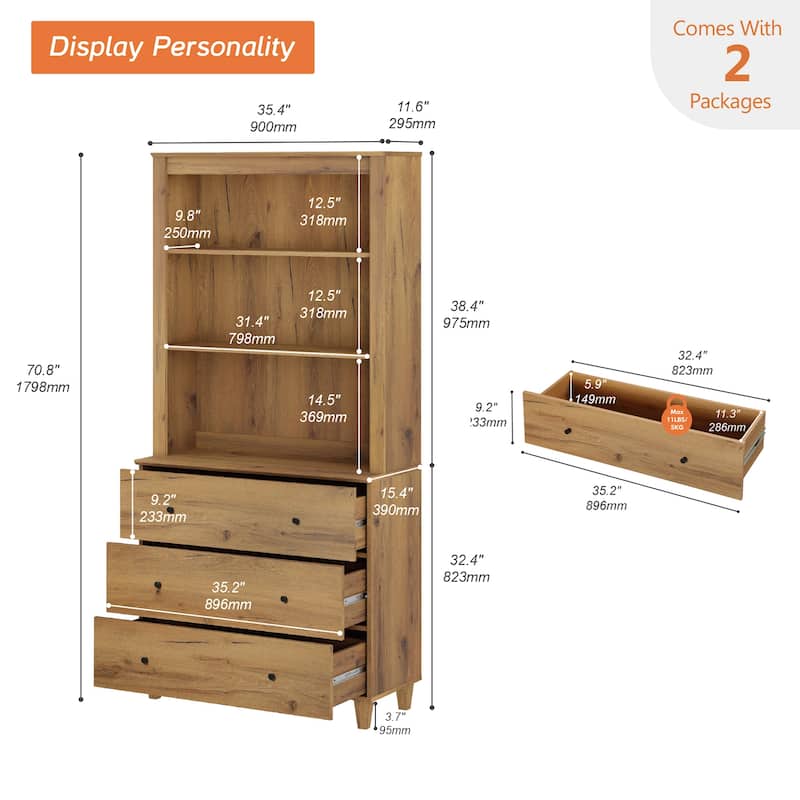 WAMPAT Modern 71 Inches Tall Bookcase with 3 Drawers, 3-Tier