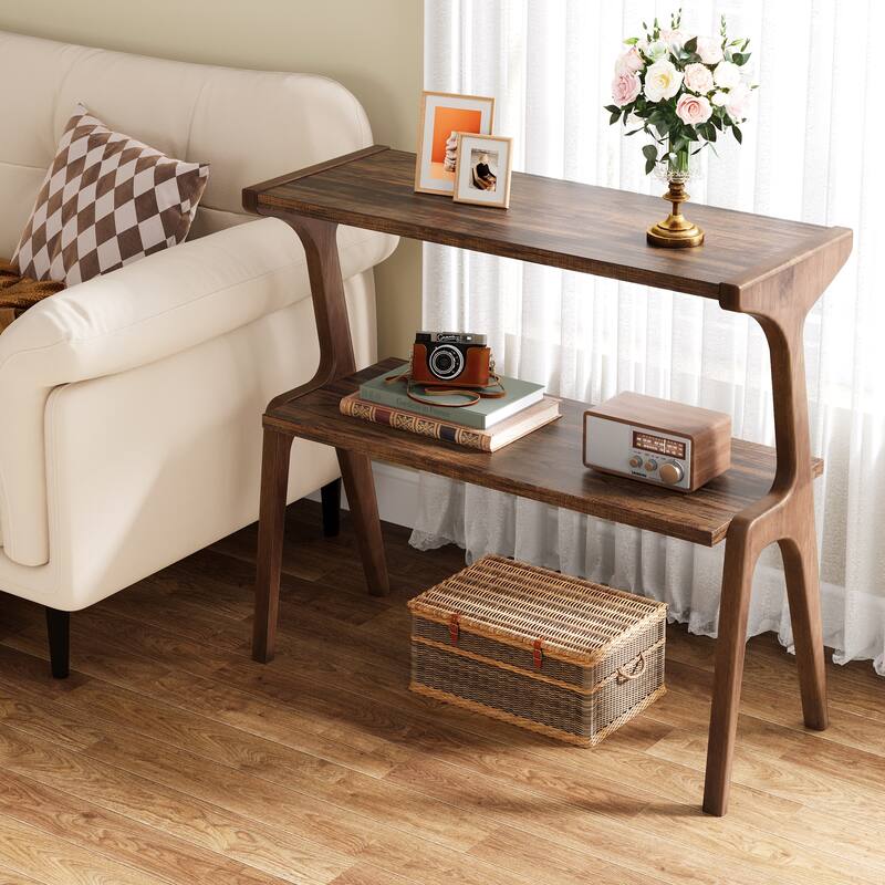 Wood 2-Tier Slim End Side Chairside Table for Living Room