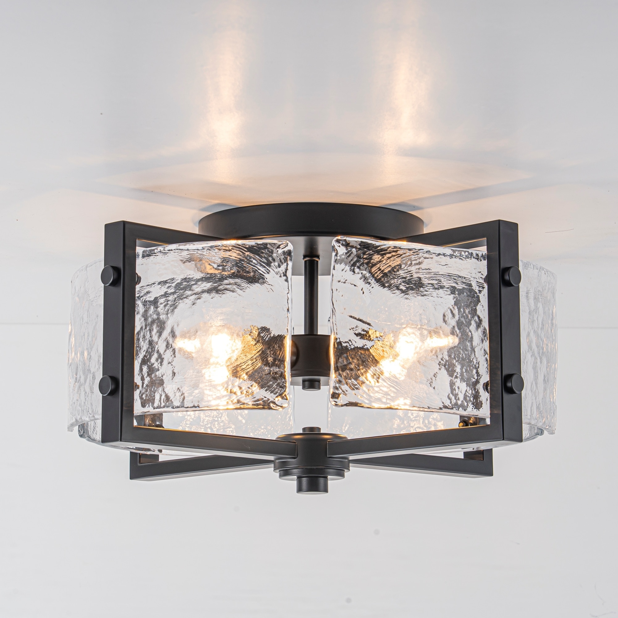 Rennnsan 4-Light Modern Black Round Ceiling Light Hammered Water Glass Flush Mount Light - 16.5 in. Dia × 8.3 in. H