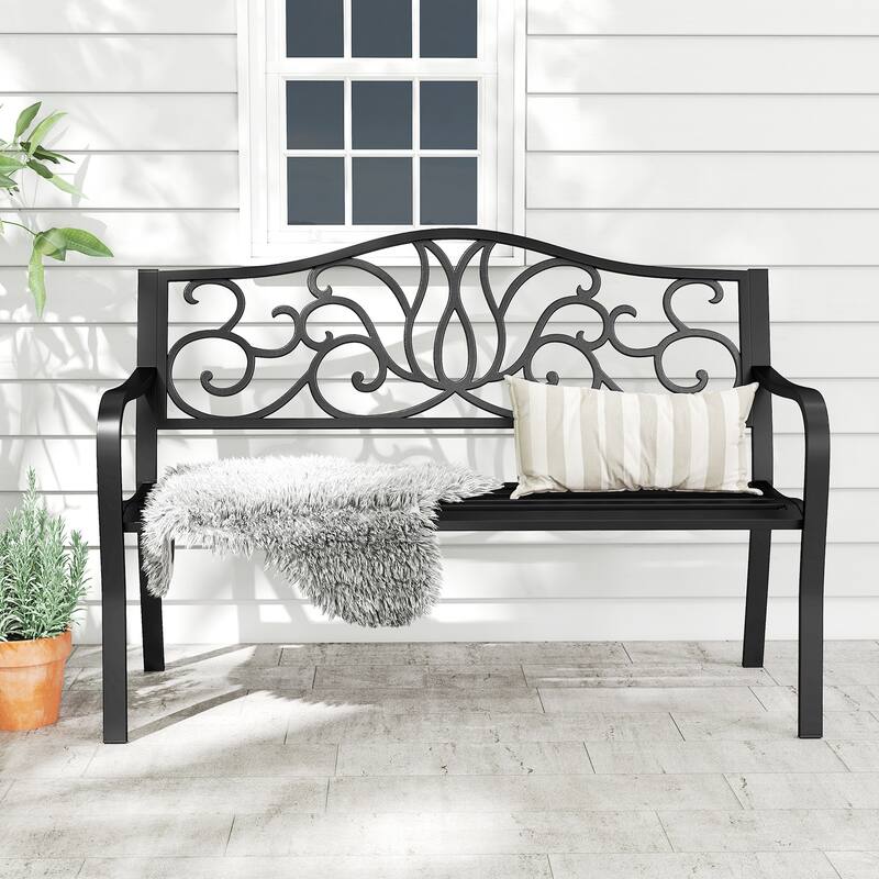 Gymax 2-person Metal Bench w/ Floral Pattern Slanted Backrest Slatted