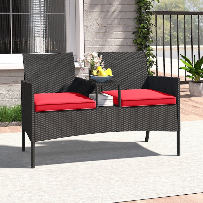 Black Rattan Metal Patio Loveseat with Cushions and Glass Table - 24.5" x 49" x 33"