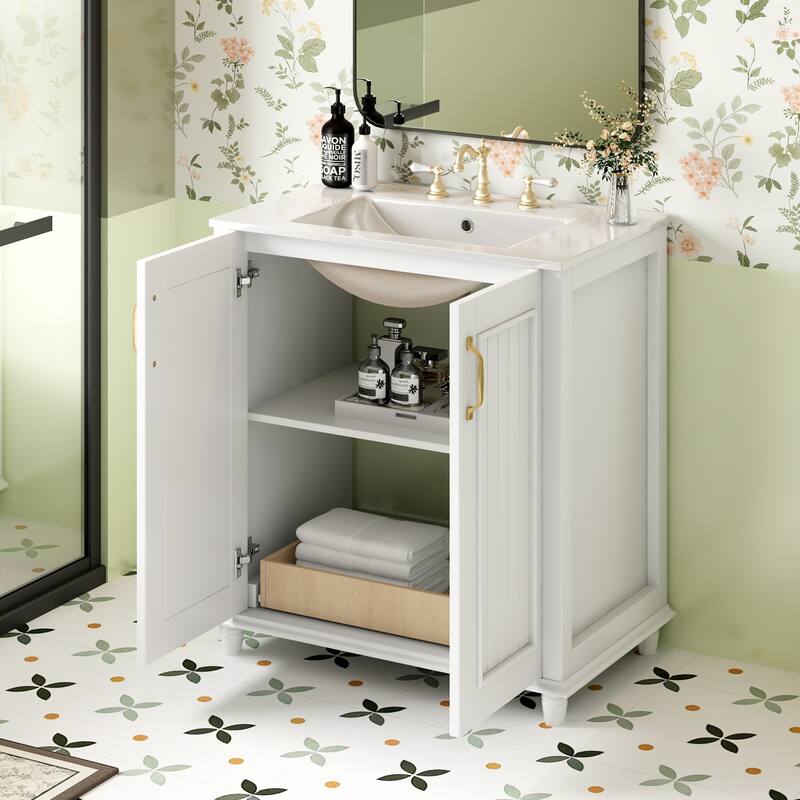 30" Bathroom Vanity with Ceramic Sink Freestanding Bathroom Vanity Storage Cabinet Set with Hidden Drawer in White