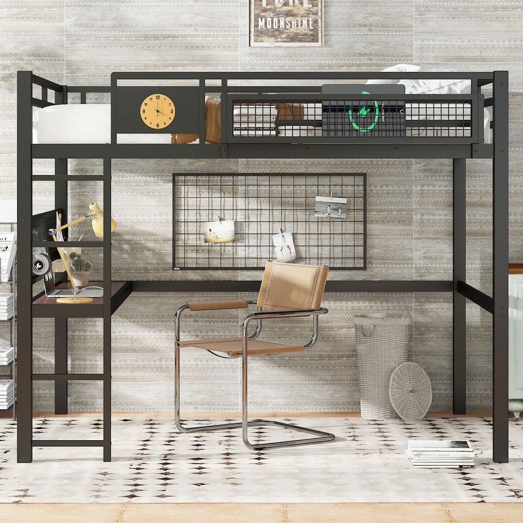 Modern Industrial Queen Size Loft Bed Frame with Desk, Pegboard and Clock, Storage Basket with Built-in Charging Station