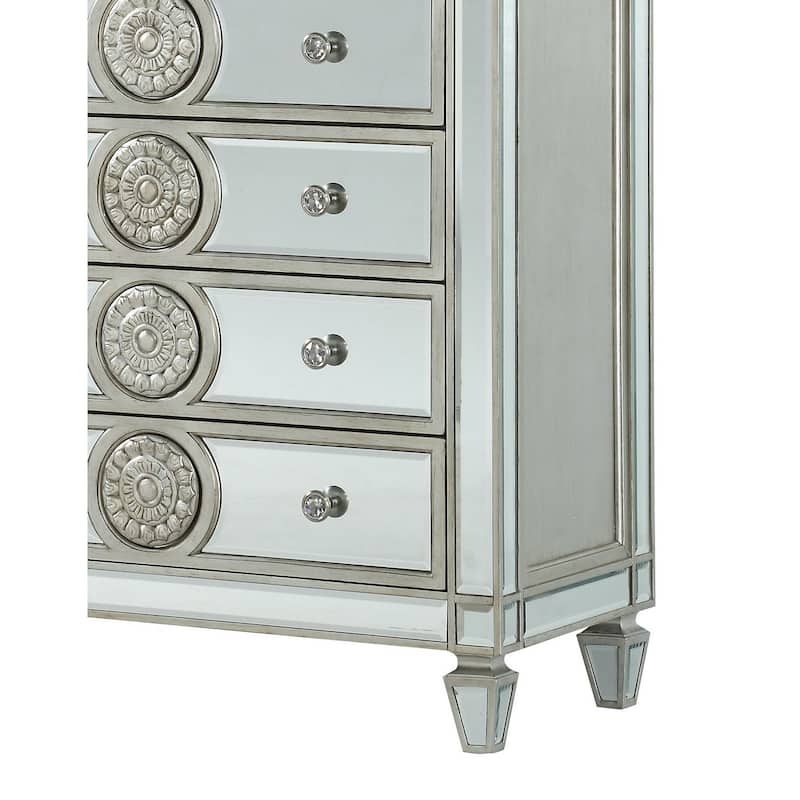 Mirror Accented Chest with 6 Sunburst Motif Storage Drawers, Silver