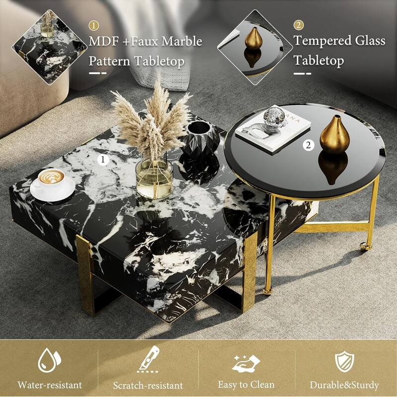 Modern Luxury Square Faux Marble Coffee Table Set Nesting Coffee Table with End Table