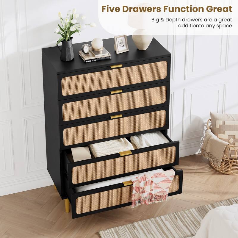 5/6 Drawer Rattan Dresser for Bedroom, Large Freestanding Wooden Chest Storage