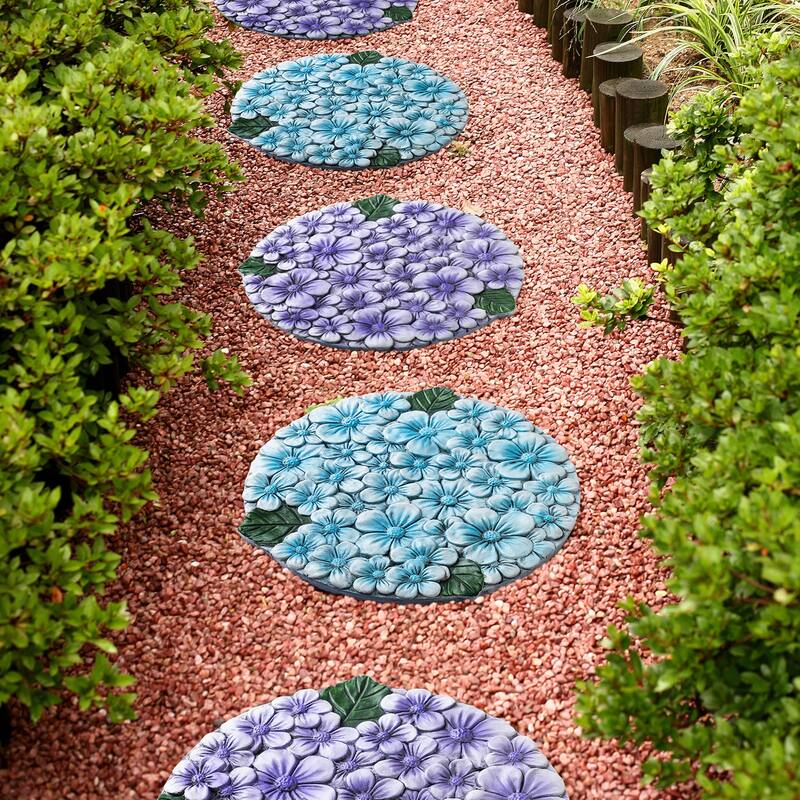 Glitzhome 6-Piece Cement Blue and Purple Hydrangea Textured Stepping Stones - 10 in