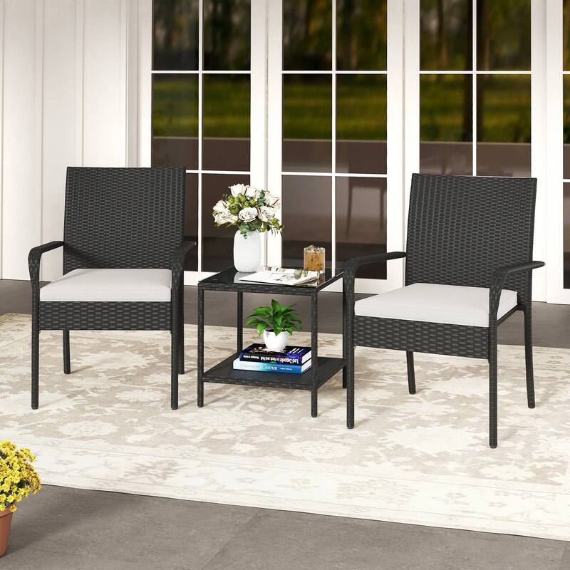 Gymax 3 Piece Patio Furniture Set Outdoor Wicker Chair & Table Set w/
