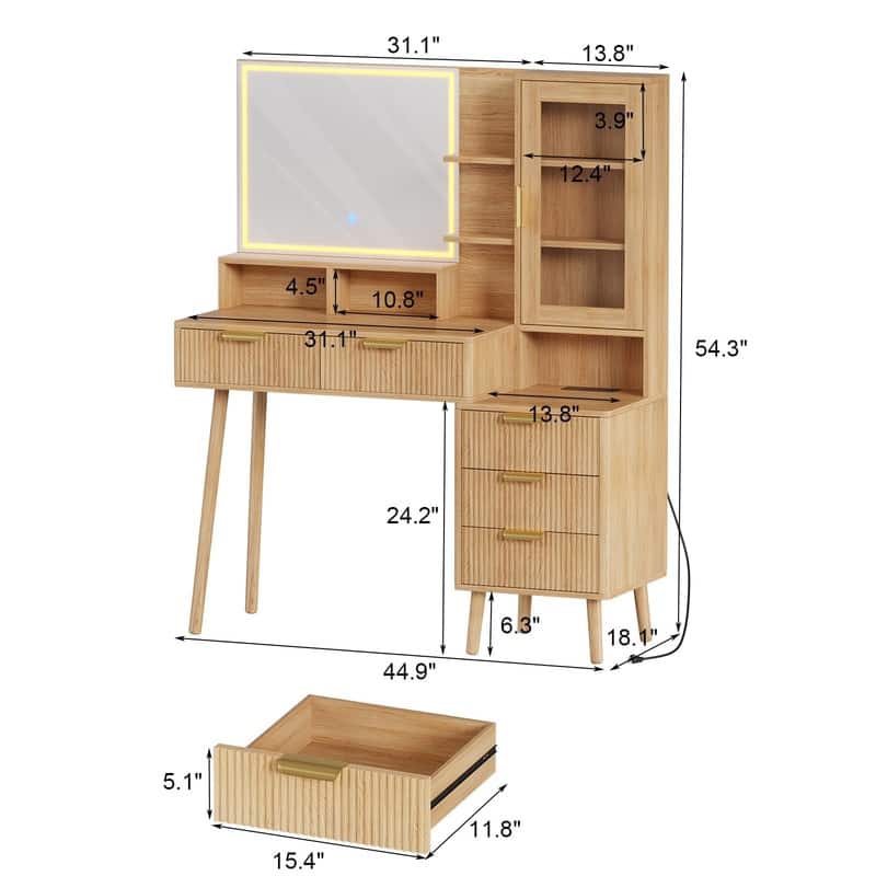 Makeup Vanity Desk with Lighted Mirror, 5 Drawers, Storage Shelves, Power Outlets
