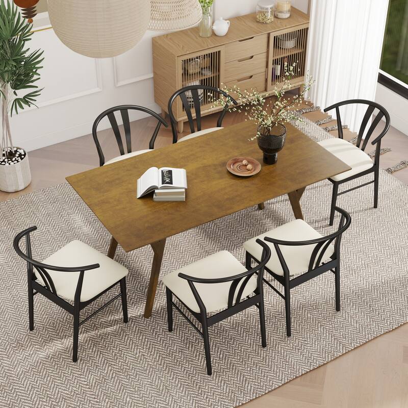 Roundhill Furniture Lavin Modern 7-Piece Dining Set, Walnut Finished Dining Table with 6 Curved Back Chairs