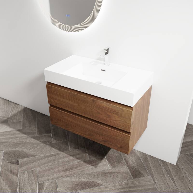 24/30/36 Single Sink Wall-Mounted Bathroom Vanity with Integrated Thick Edge Resin Sink