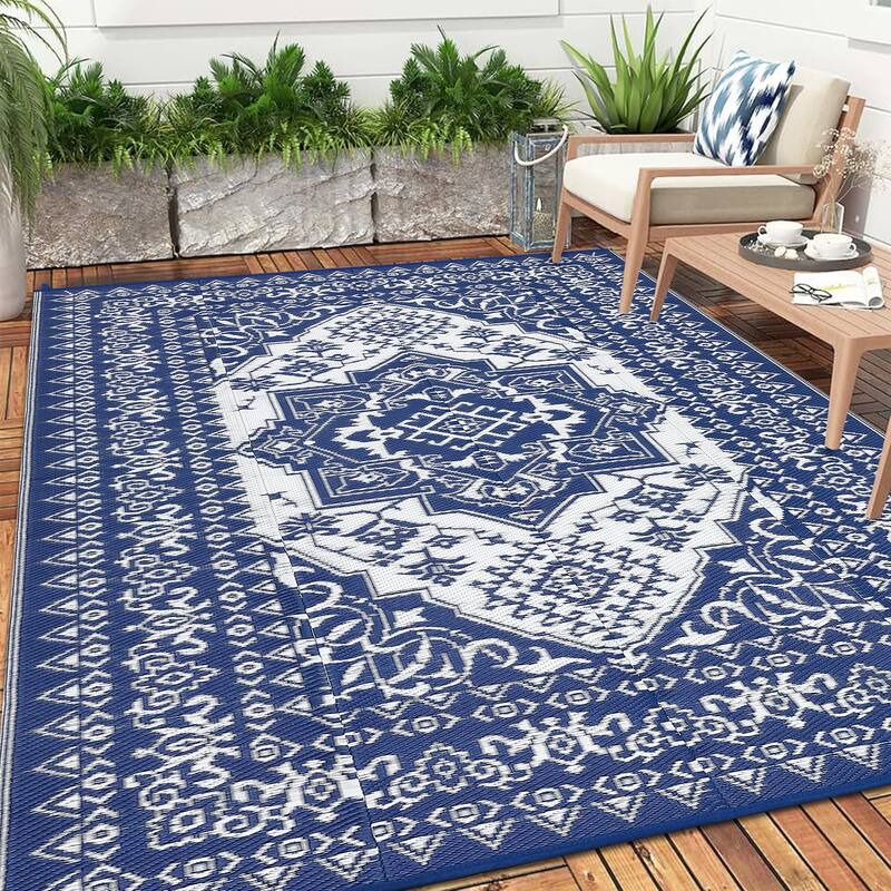 Outdoor Patio Rug Waterproof Reversible Carpet Vintage Boho Medallion Rug Plastic Straw Rug - 8'x10' - Dark Blue White