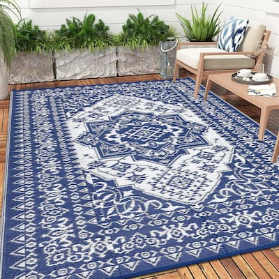 Outdoor Patio Rug Waterproof Reversible Carpet Vintage Boho Medallion Rug Plastic Straw Rug