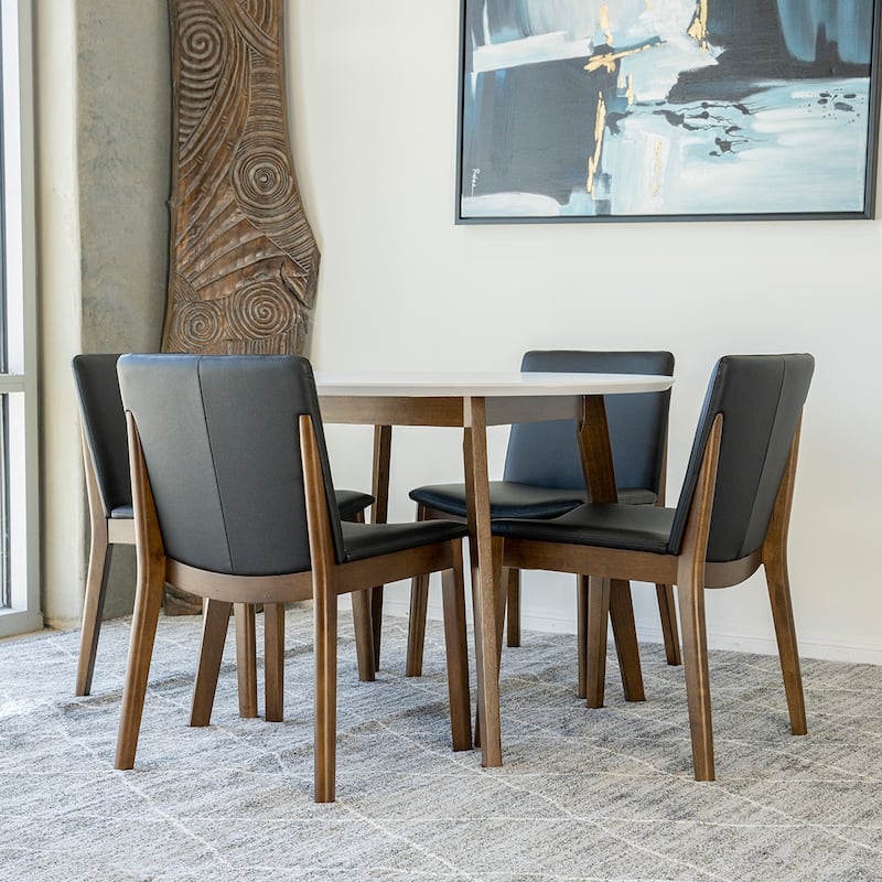 Cally 5-Piece Mid-Century Modern Dining Set w/4 Vegan Leather Dining Chairs in Black