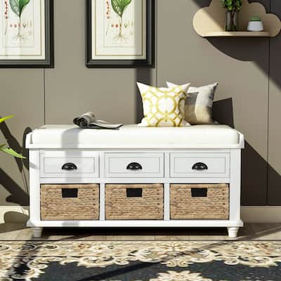 Rustic Storage Bench with 3 Drawers and 3 Rattan Baskets, Shoe Bench for Living Room, Entryway