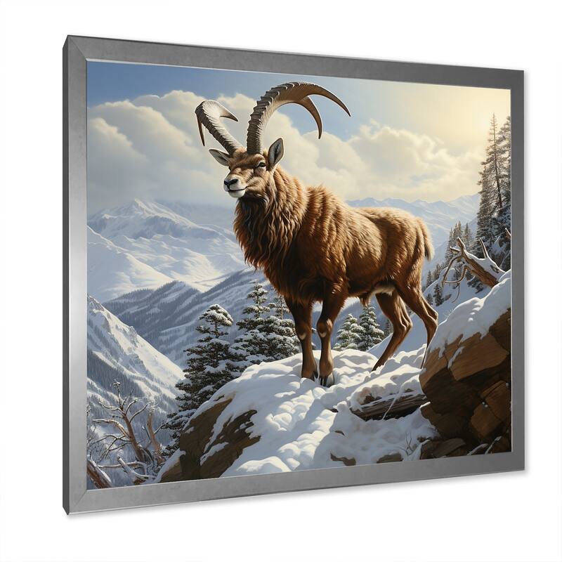 Designart "Minimalist Goat Winter Mountain Adventure" Goat Wall Decor Brown Modern Entryway Framed Wall Art Print