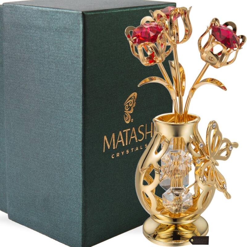 Matashi 24K Gold Plated Crystal Studded Flower Ornament in a Vase with Decorative Butterfly for gifts and home decor - Red Crystals