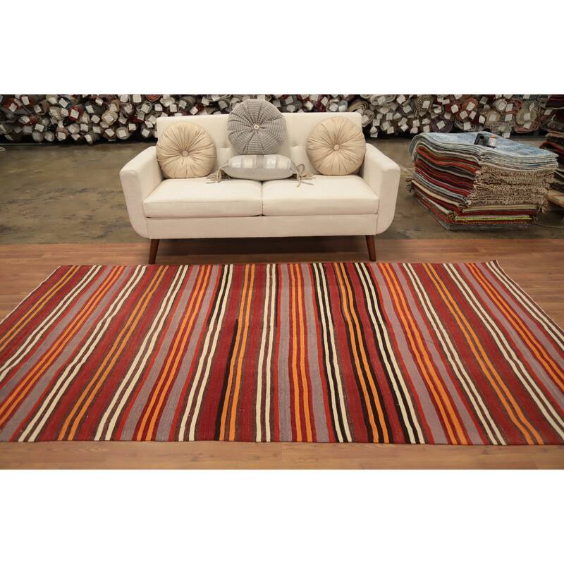 Hand Woven Oriental 100% Wool Carpet Southwestern Geometric Oranges & Rust Kilim Area Rug - 9' 4'' X 4' 10''