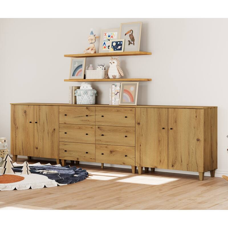 Wood Dresser with 6 Drawers and 2 Cabinets for Bedroom, 118" Wide