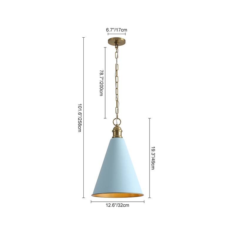 Scandinavian Aged Brass Light Blue Iron Conical Pendant Light