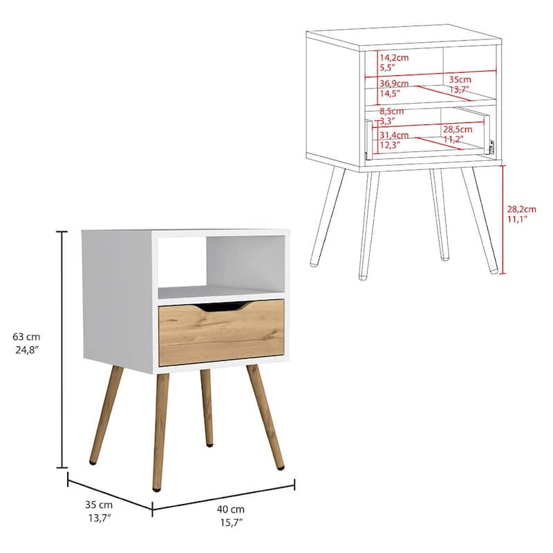 Nightstand Fugaz, Open Shelf,Single Drawer,White / Light Oak Finish