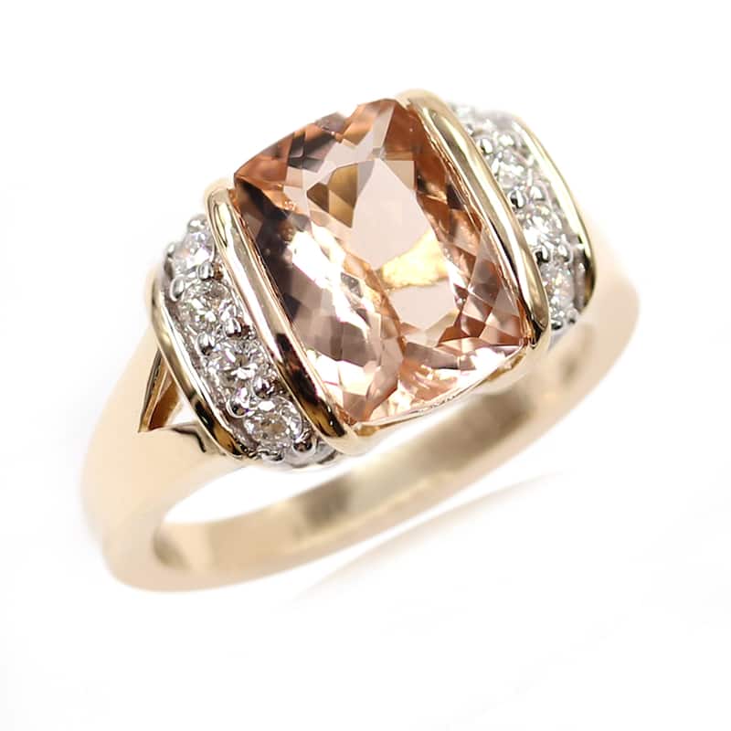 14K Yellow Gold 10X8mm Cushion Morganite, Diamond Ring For Women