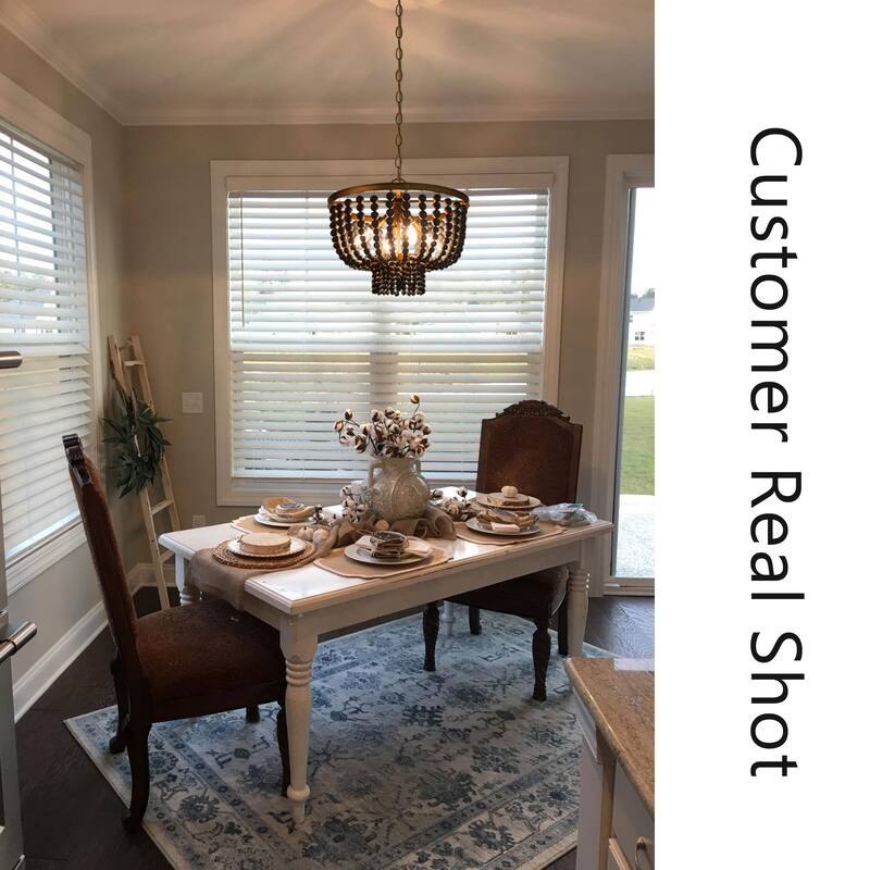 Mid-century Modern Boho Wood Beads Drum Chandelier 4-Light Farmhouse Distressed Pendant for Dining Room/ Foyer