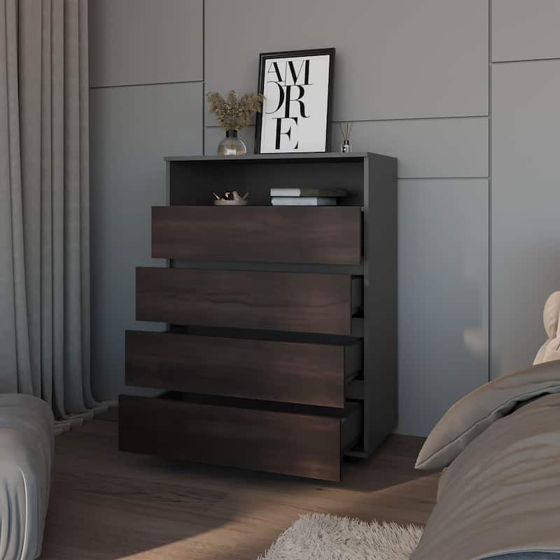 Tokio 4 Drawer Dresser with Open Shelf, Stained Walnut