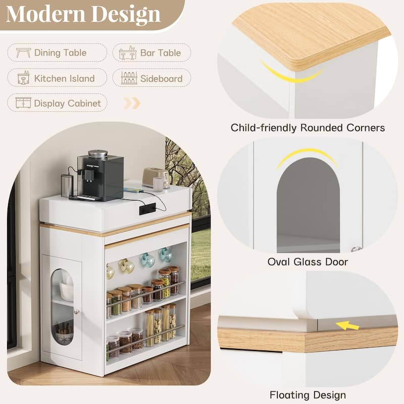 Extendable Dining Table with Folding Tabletop, Bar Table with Drawers and Power Outlet, Kitchen Island with Wheels and Hooks