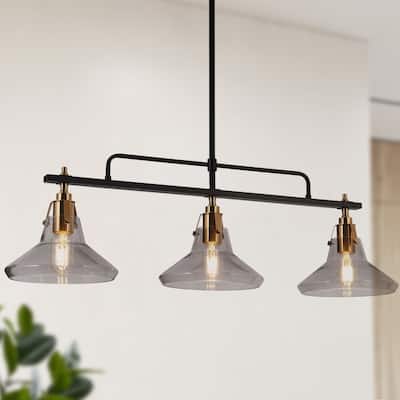 33'' Modern Large Linear Chandelier with Smoked Sedded Glass Shades Dimmable Island Lights - Black - L 33.5" x W 8.7" x H 15"