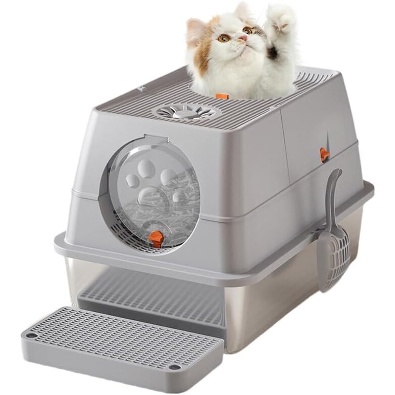 Stainless Steel Cat Litter Box,Large Cat Toilet with Sand Filter Pedal & Litter Scoop