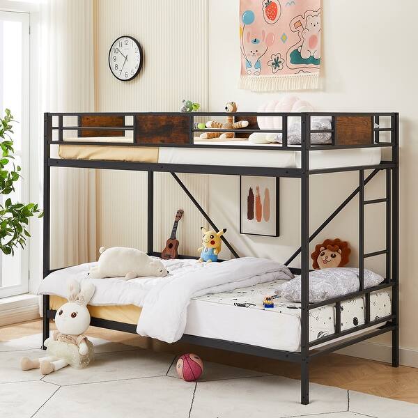 slide 2 of 8, Rustic Brown Twin Metal Bunk Bed with Ladder & Adjustable Bottom