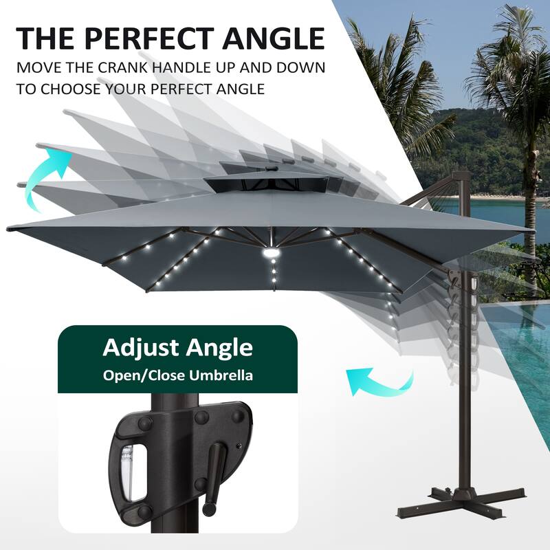 10 X 13 FT Outdoor Patio Cantilever Umbrella with Solar Lights Wheeled Base Double Canopy 360 Rotation Tilt