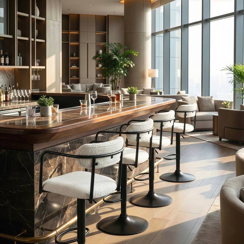 Bedivere Beige Boucle Fabric Adjustable Swivel Bar Stool with Black Iron Arms and Pedestal Leg