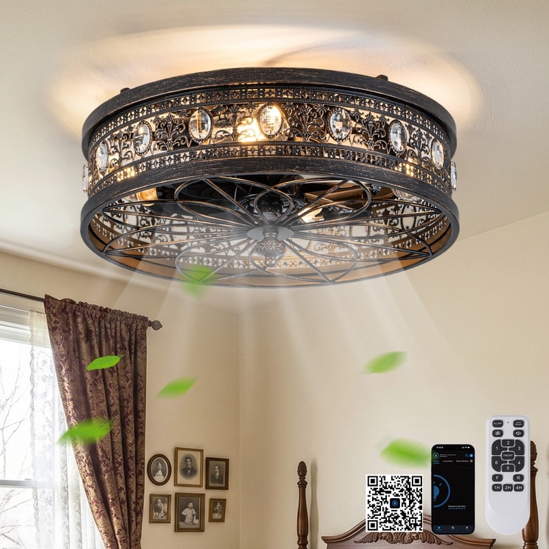 19" Vintage Victorian Caged Ceiling Fan with Lights and Remote, Farmhouse Flush Mount Bladeless Fandelier, Crystal Ceiling Fan