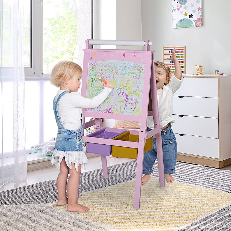 Qaba 3 In 1 Kids Wooden Art Easel with Paper Double-Sided Chalkboard & Whiteboard with Storage for Age 3 Years+, Pink - Pink - Fabric - overstock.com