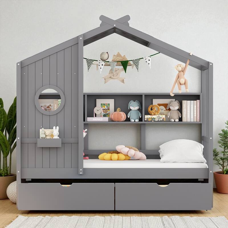 Wooden Twin/Full House Bed with Roof, 2 Storage Drawers & Rear Shelf, Kids Platform Bed with Slats, Gray