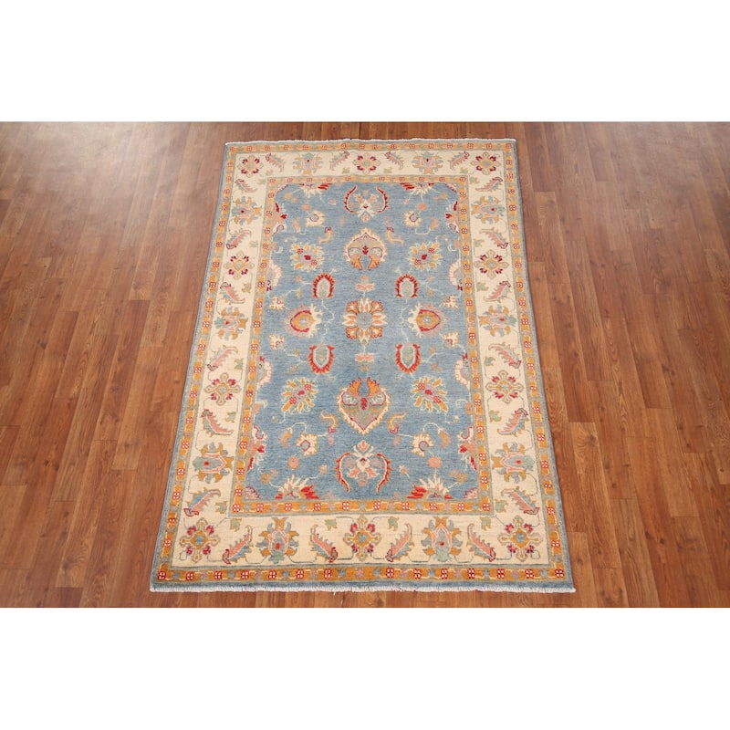 Light Blue Kazak Area Rug Handmade Oriental Wool Carpet - 4'0" x 5'11"