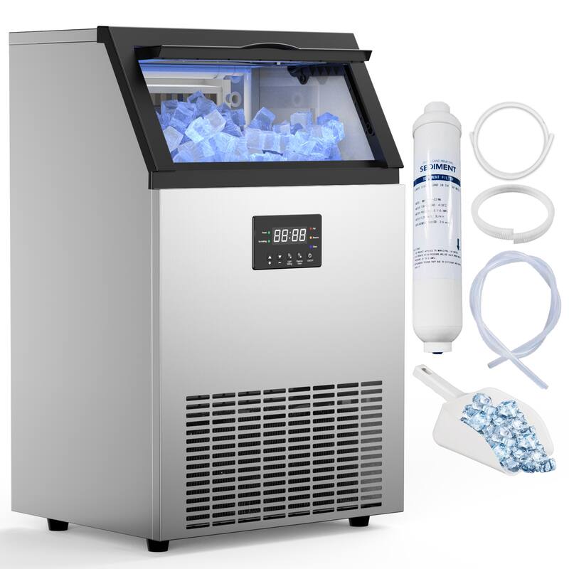 Commercial Ice Maker 200lbs/24H, 50lbs Storage Bin, Under Counter Ice Machine 400W, Freestanding Ice Machine, Self-Cleaning - Silver