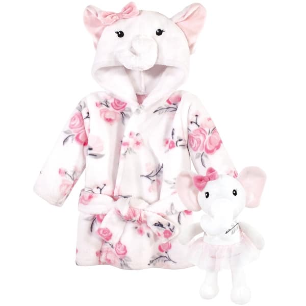 slide 1 of 1, Hudson Baby Infant Girl Plush Bathrobe and Toy Set, White Elephant, One Size - White Elephant - One Size One Size - White Elephant