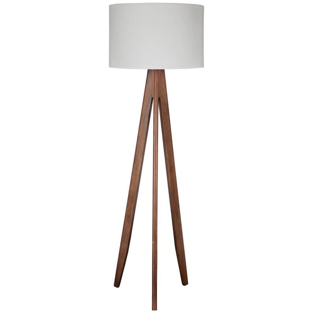 Megan 71 Inch Floor Lamp, White Drum Shade and Brown Wood Tripod Base
