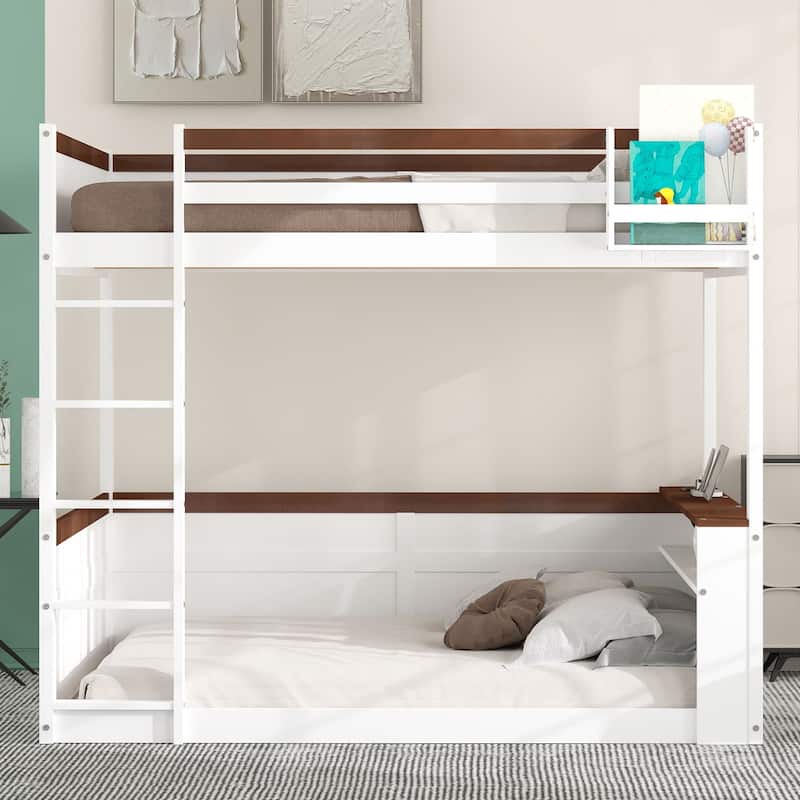 Queen Wooden Bunk Bed with Storage Shelves LED Light USB Charging Station